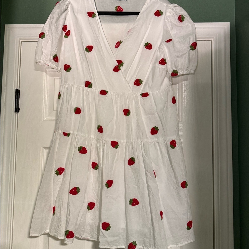 SHEIN White Dress with Red Strawberry Embroidery